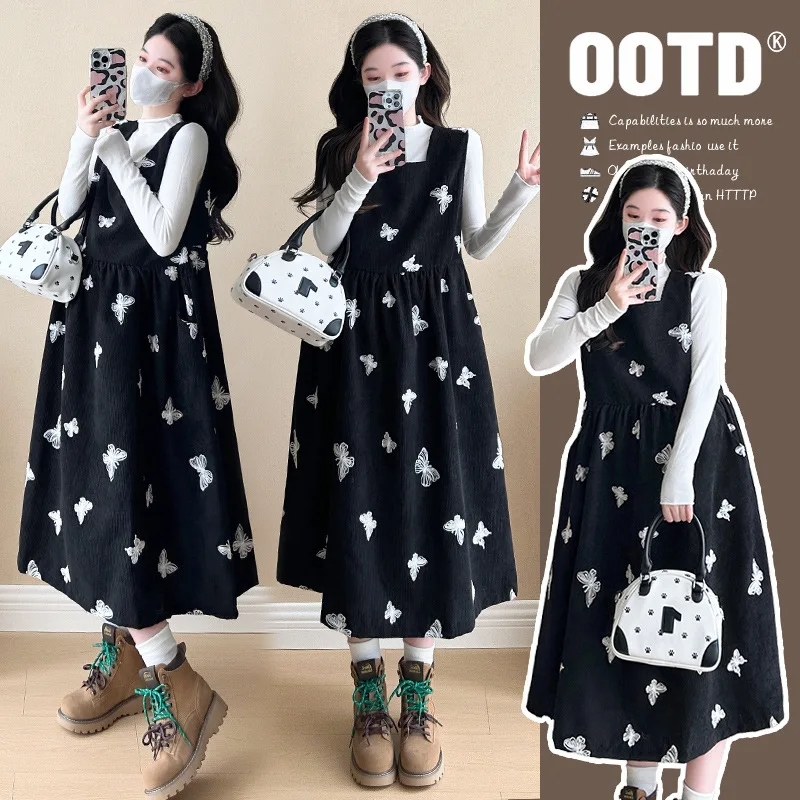 マタニティセット-ルーズスリミング-バタフライ刺繍-ブラックベストドレスとアプリコット長袖トップスのツーピースセット-妊婦用