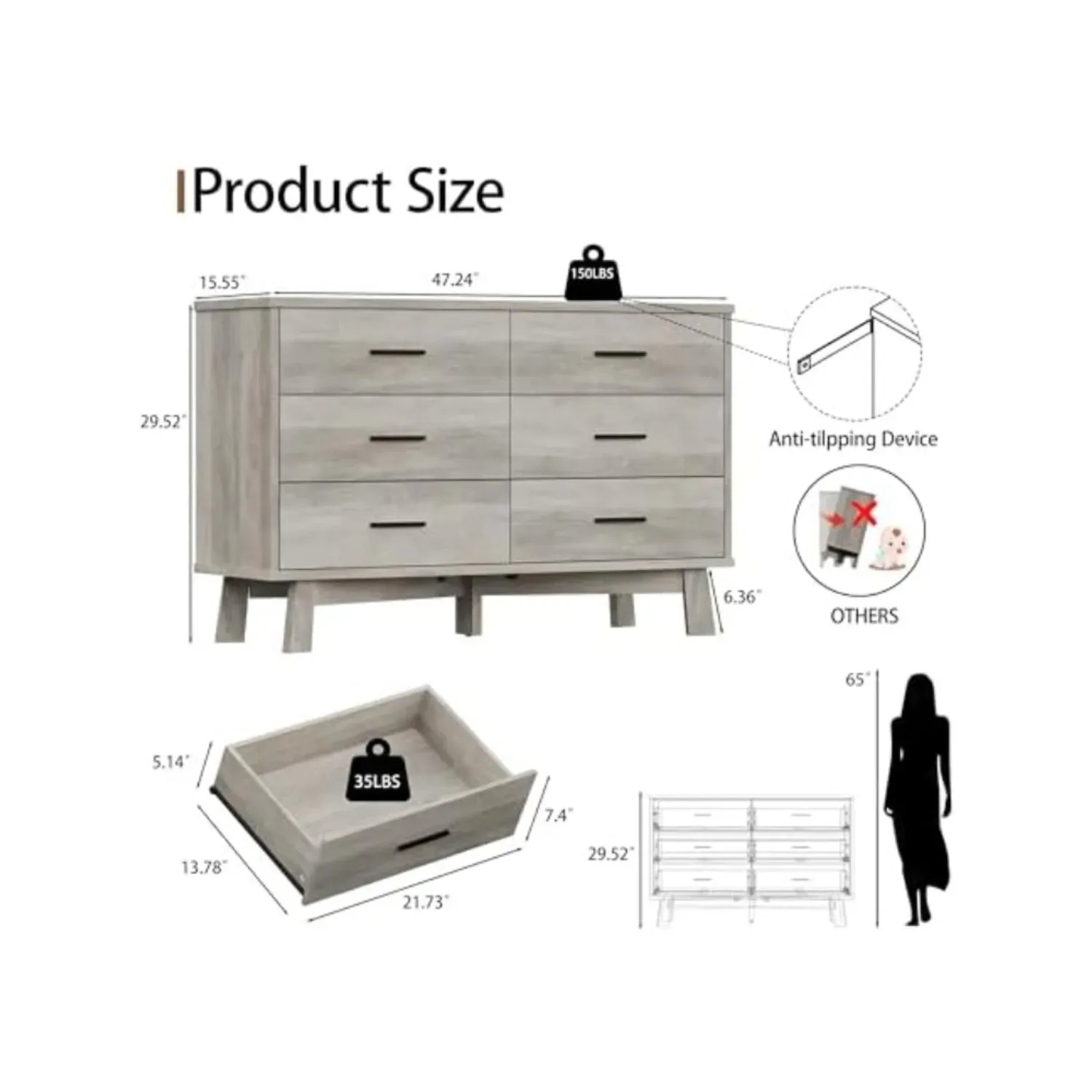 Dresser for Bedroom, 6 Drawer Wide Modern Chest of Drawers with X-Shaped Sturdy Base, Wood Double Dresser Closet