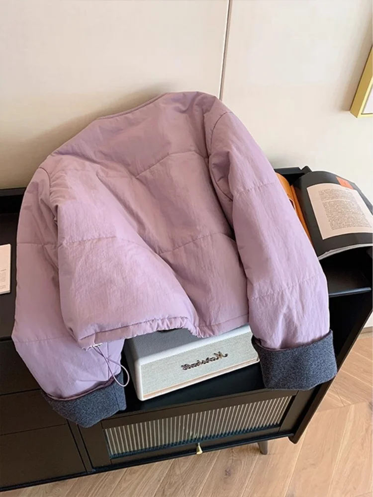 

Retro Spliced Colorblo round Ne Woolen Cotton Blend Outerwear Women's Faionable And Versatile Autumn Winter Blouse