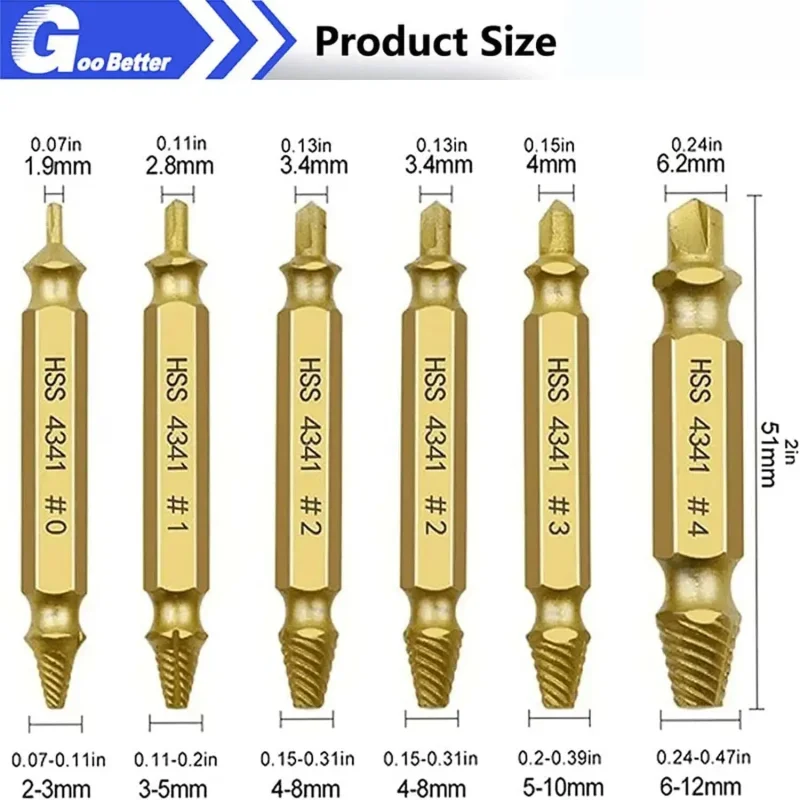 6 Stuks Beschadigd Tapeinduithalerset Boor Set Gestript Double Ended Gebroken Schroeven Bouten Stud Remover Sloop Kit