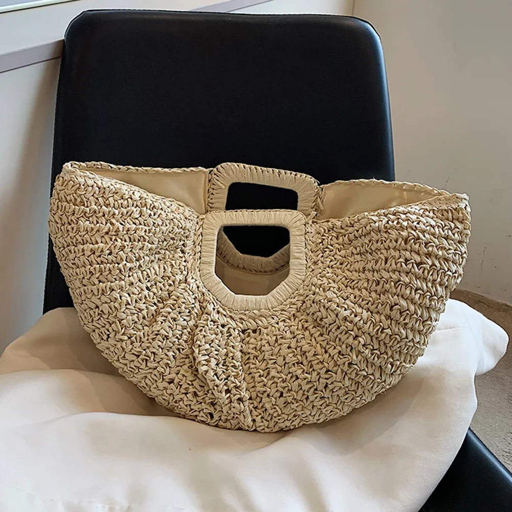 Summer Woven Beach Bags for Women Ladies Straw Bag Raffia Crochet Clutch Bag Boho Rattan Moon shaped Top Handle Handbags Tote