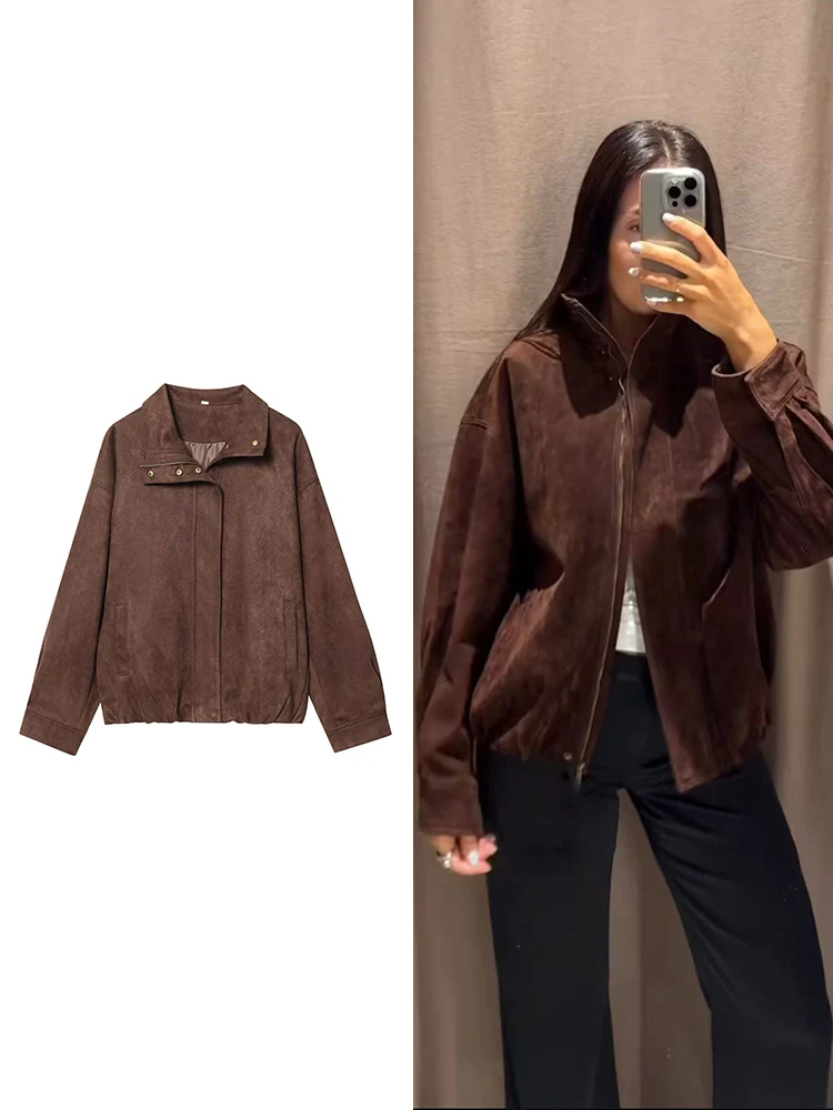 

Fashion Women Suede Coats Solid Color Stand Neck Full Sleeve Zipper Loose Jackets 2025 Autumn Winter New Female Outerwear