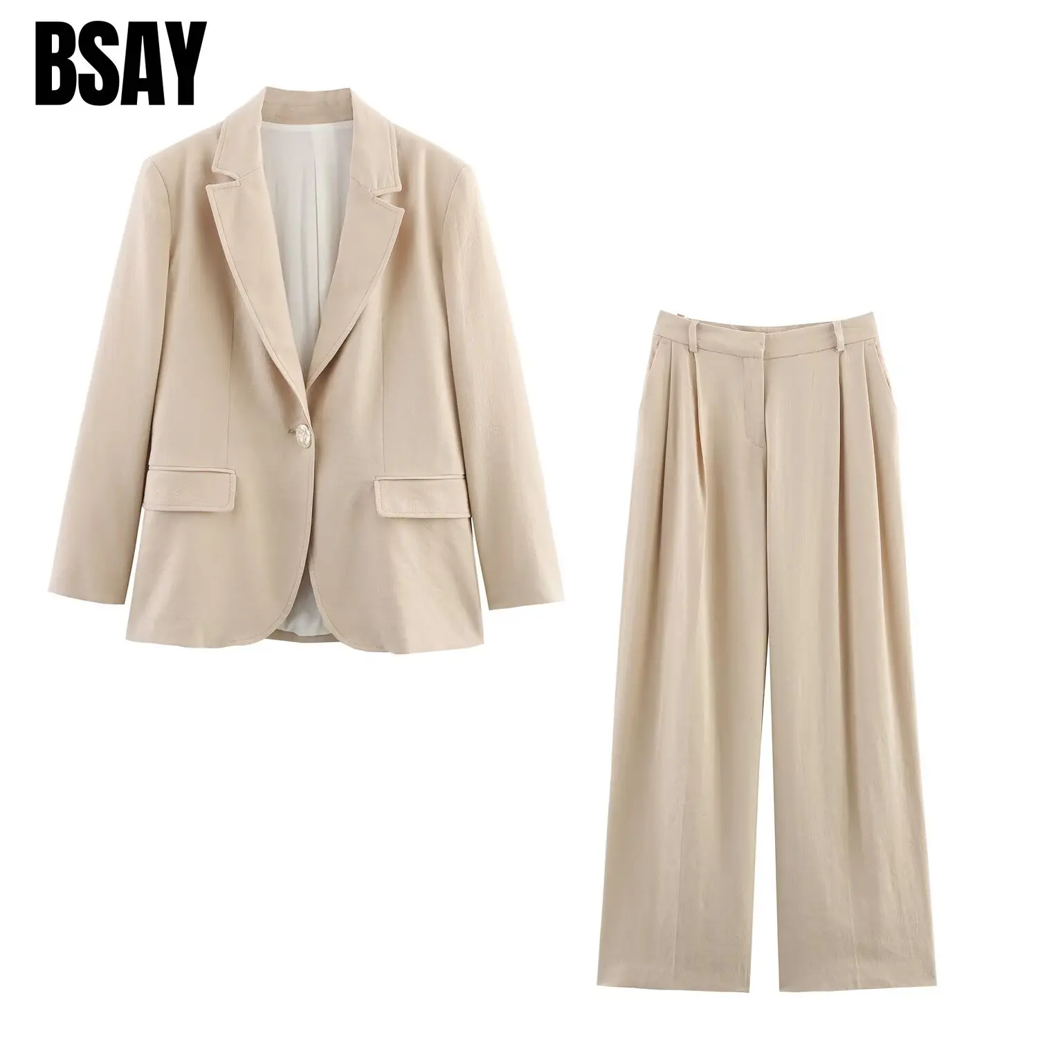 BSAY BSAY Women Business Button Blazer Lapel Collar Single Breasted Jacket Pleated Wide Leg Trousers Casual Office Matching Outfit - Aliexpress Deal