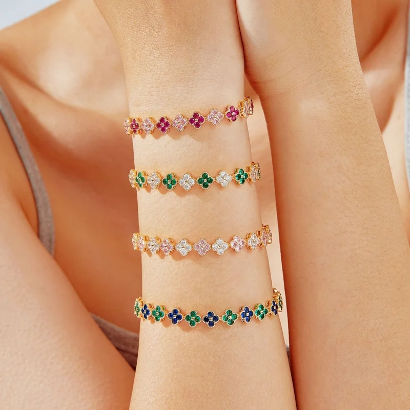 

Classic Fashion Colored Crystal Flower Bracelet for Women Luxury Personalized Stainless Steel Jewelry Bracelet Anniversary Gift