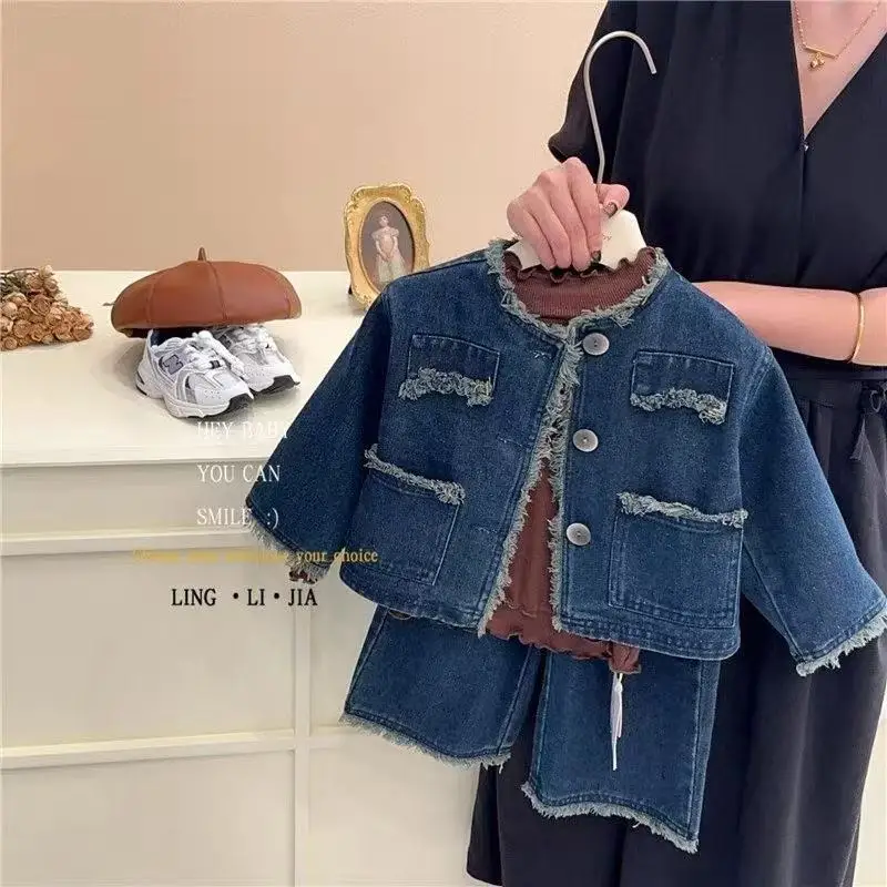 

Kids Girls' Denim Suit Spring and Autumn New Style Children's Casual Jacket+wide Leg Jeans Two-piece Set
