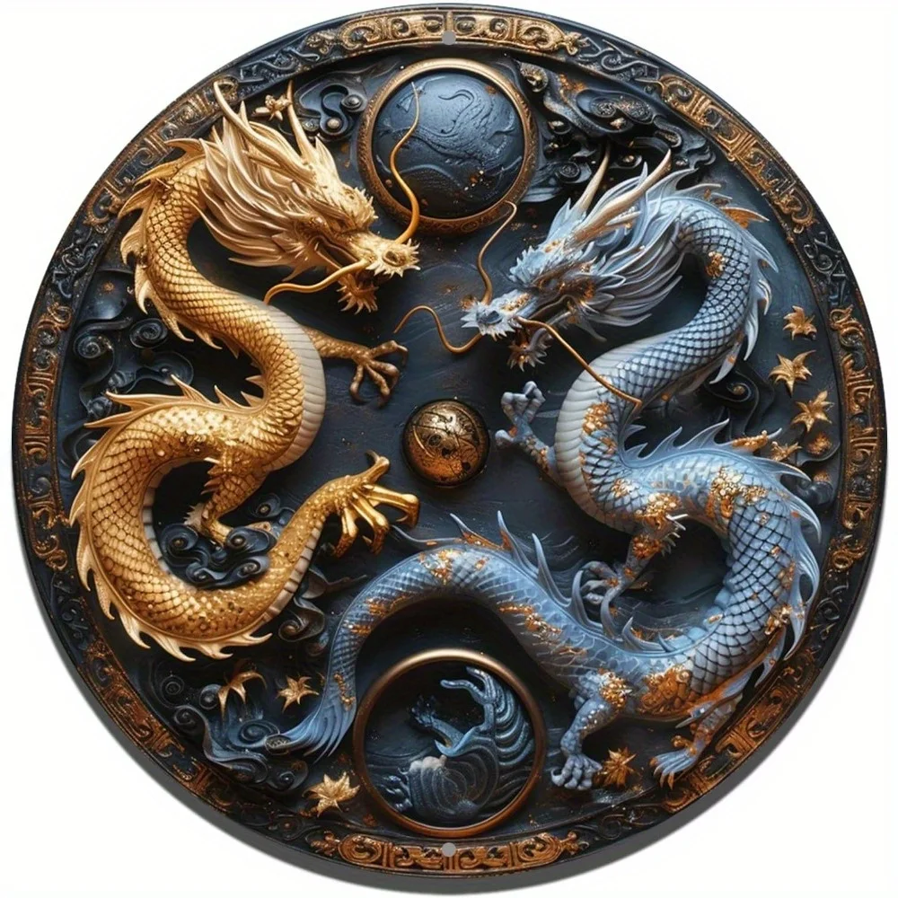 

Round Aluminum Flat Sign, Dragon Themed, Lmitation Relief Art Decoration, Office Room, Home Door Decor, Father's Day Gift