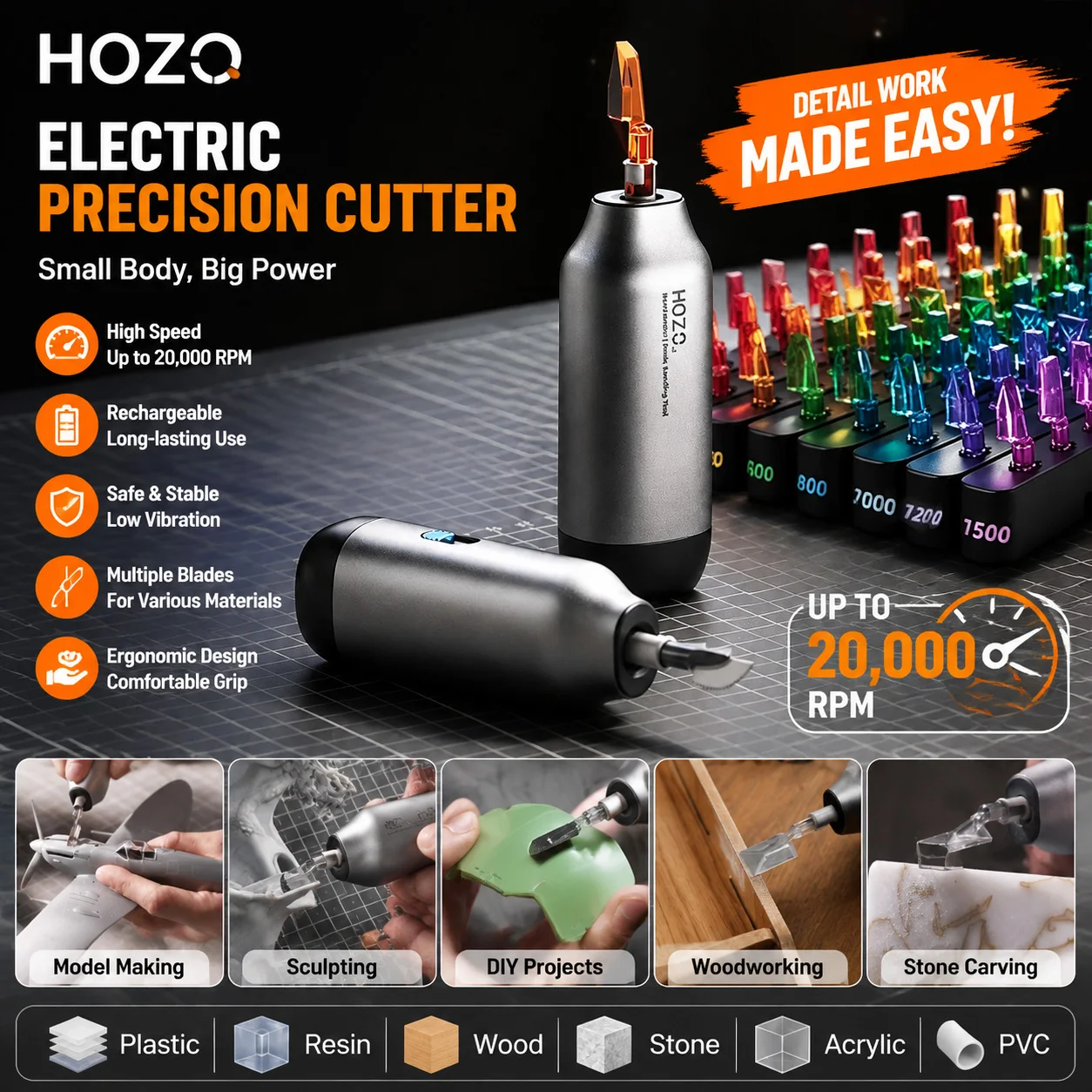 HOZO Neosander Sonic Sanding Tool with LED Light 8 Sanding Heads for 3D Print Model Jewelry Wood Precision Polishing Tools