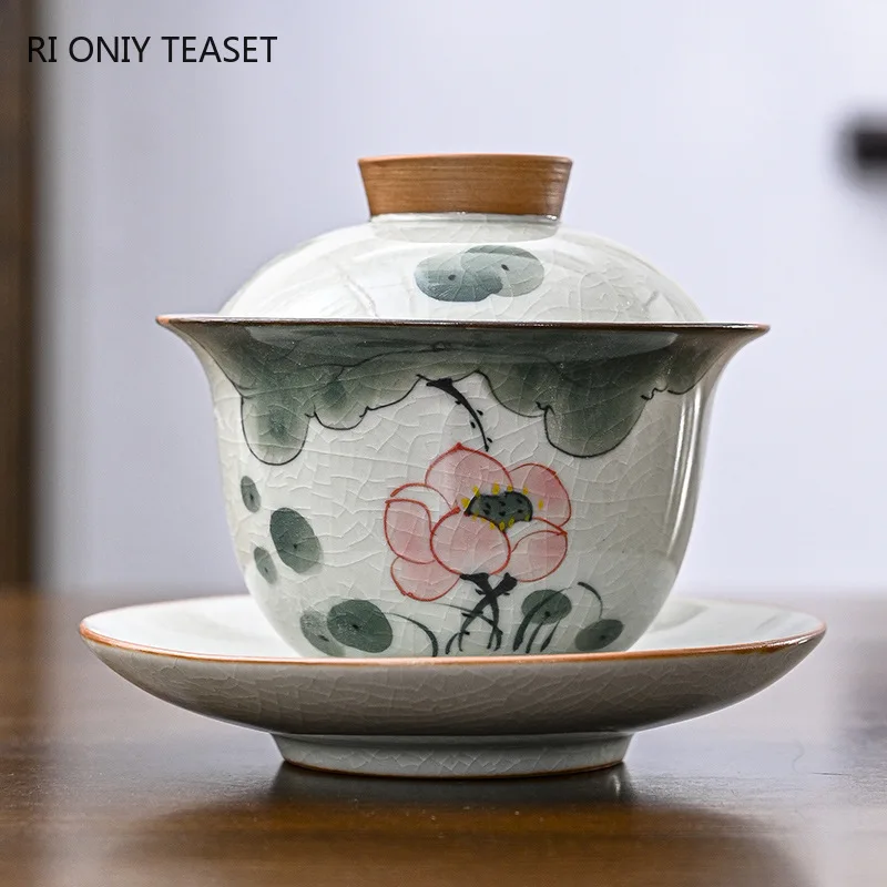 160ml Hand-painted Lotus Ceramic Tea Tureen Covered Bowl Handmade Porcelain Gaiwan Teacup Household Tea Bowl Chinese Teaware