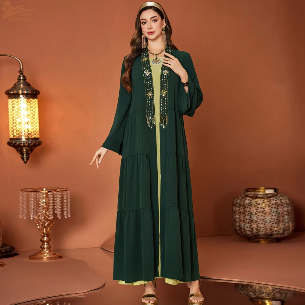 

Премиум-абайя для мусульманок с ручной вышивкой бисером, открытый длинный кардиган, кафтан, джалабия, арабская роба на Ид и Рамадан 2025