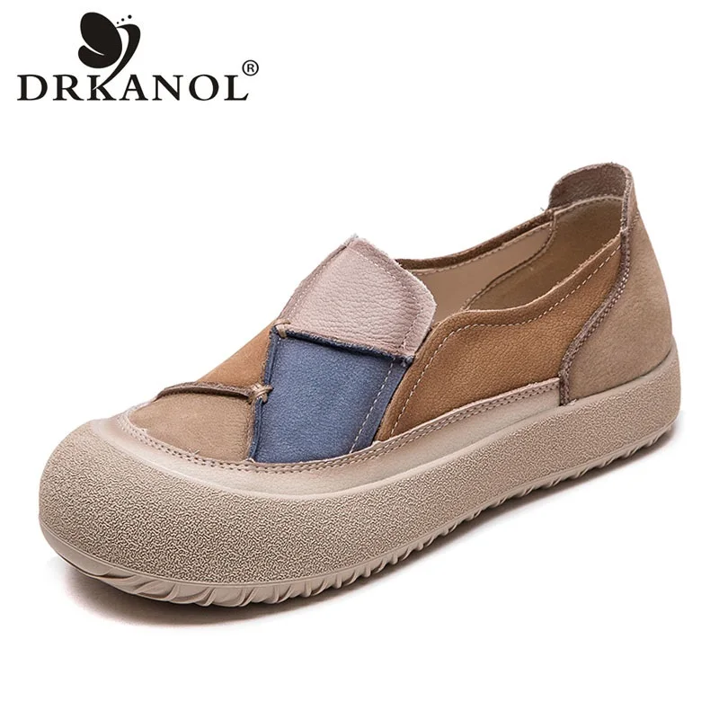 DRKANOL 2026 Spring Women Slip On Loafers Flat Platform Shoes Mixed Colors Patch Genuine Leather Round Toe Casual Single Shoes