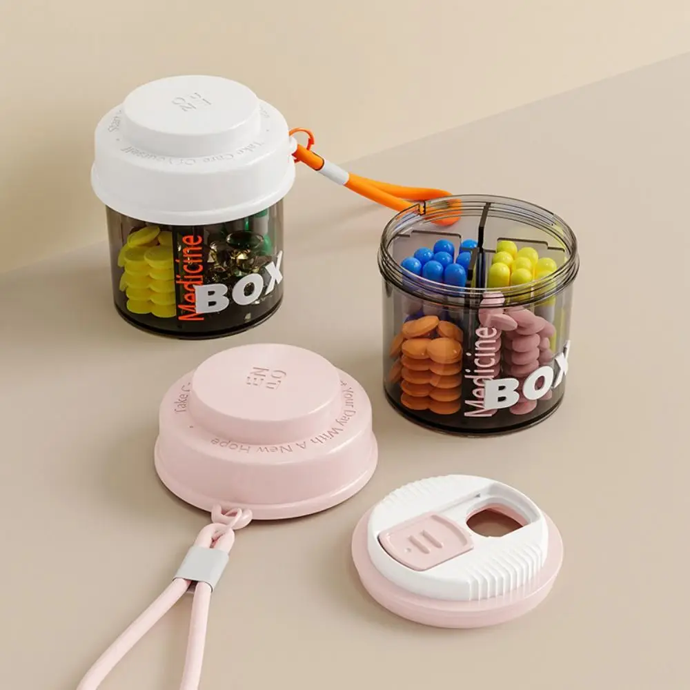 BPA-Free Lanyard Portable Pill Case with Lid Sealed Pill Storage Box 4 Compartments Detachable Rotatable Pill Dispenser Tablet