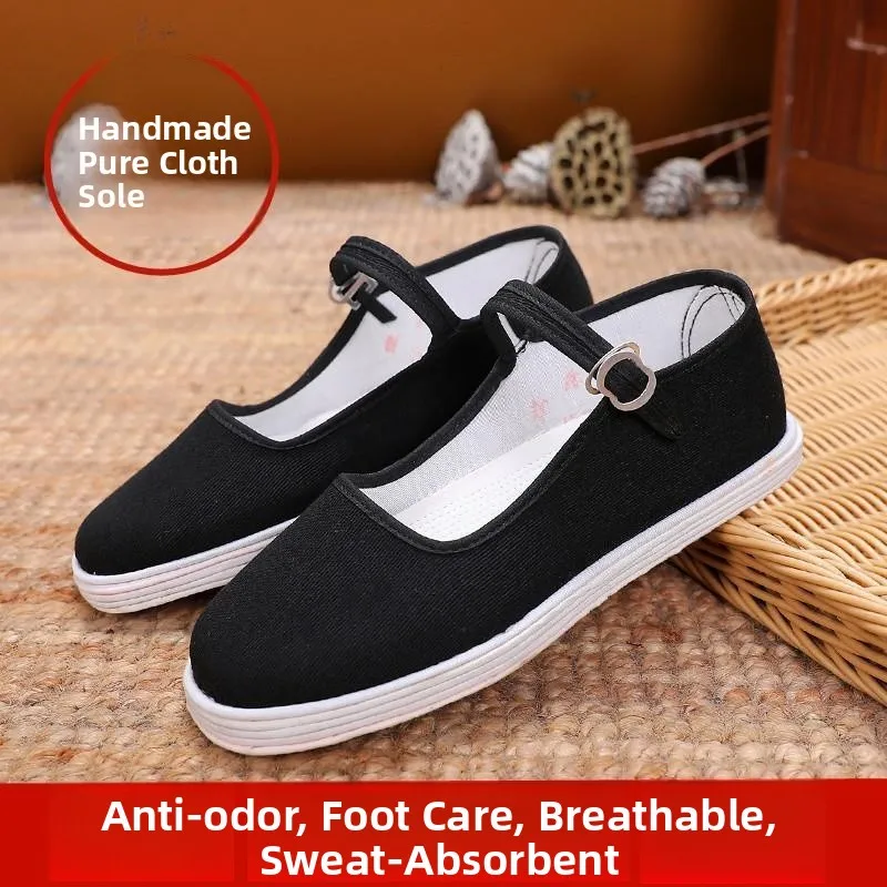 Handmade Ladies Black Square Mouth Cotton Shoes Pure Handcraft Breathable Slip-On Traditional Beijing Cloth Shoes Comfortable...