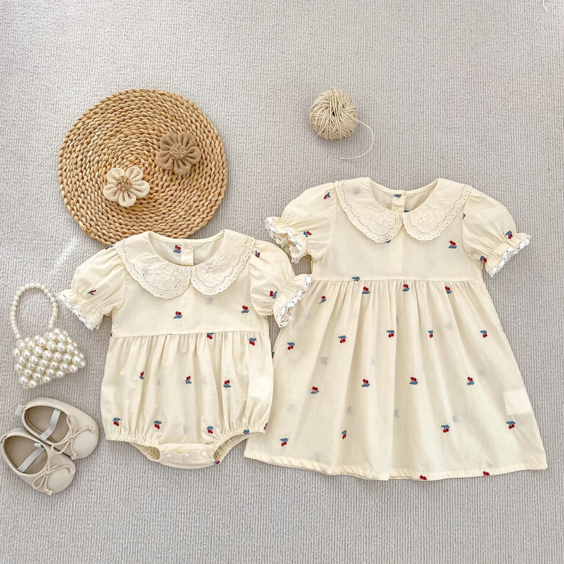 2026 Summer 0-24M Baby Girl Short Sleeves Circle Collar Romper 2-6Yrs Kid Sweet Party Cherry Embroidery Dress Sister Dress