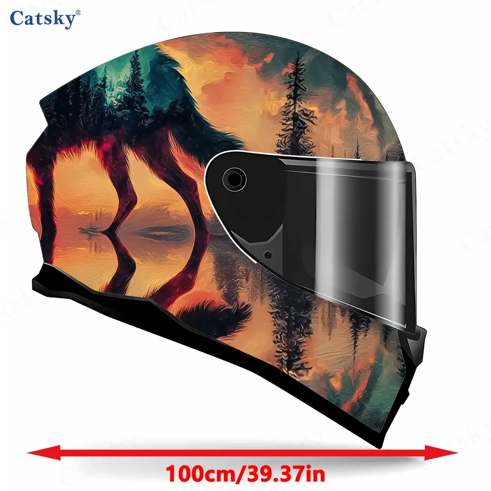 Sunset Forest Mirror Wolf Print Helmet Vinyl Wraps, Waterproof Scratch-Resistant Full Face Helmet Decals, Durable PVC Decoration