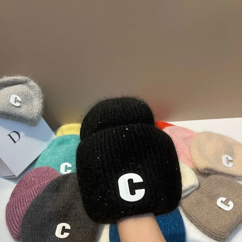 

Rabbit Fur Beanie Women Sparkle C Letter Ear Flap French Style Knit Winter Hat Warm Soft Outdoor Fashion Free Shipping​​