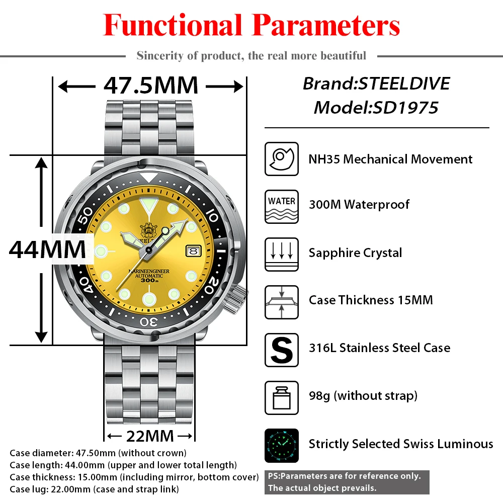 STEELDIVE SD1975 Luxury Auto Watches Men Dive Watch 300m Waterproof C3 Luminous Clock Sapphire Mirror NH35 Mechanical Wristwatch