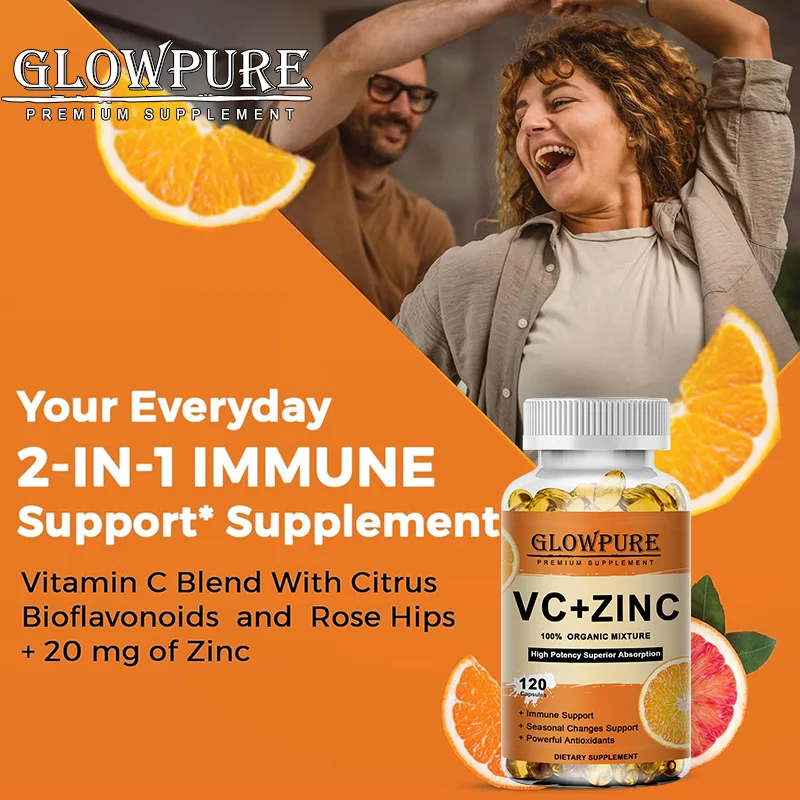 Vitamin C Zinc Capsules for Antioxidant Immune System Metabolism Dietary Natural Health Supplement Non-GMO Vegan Premium Formula