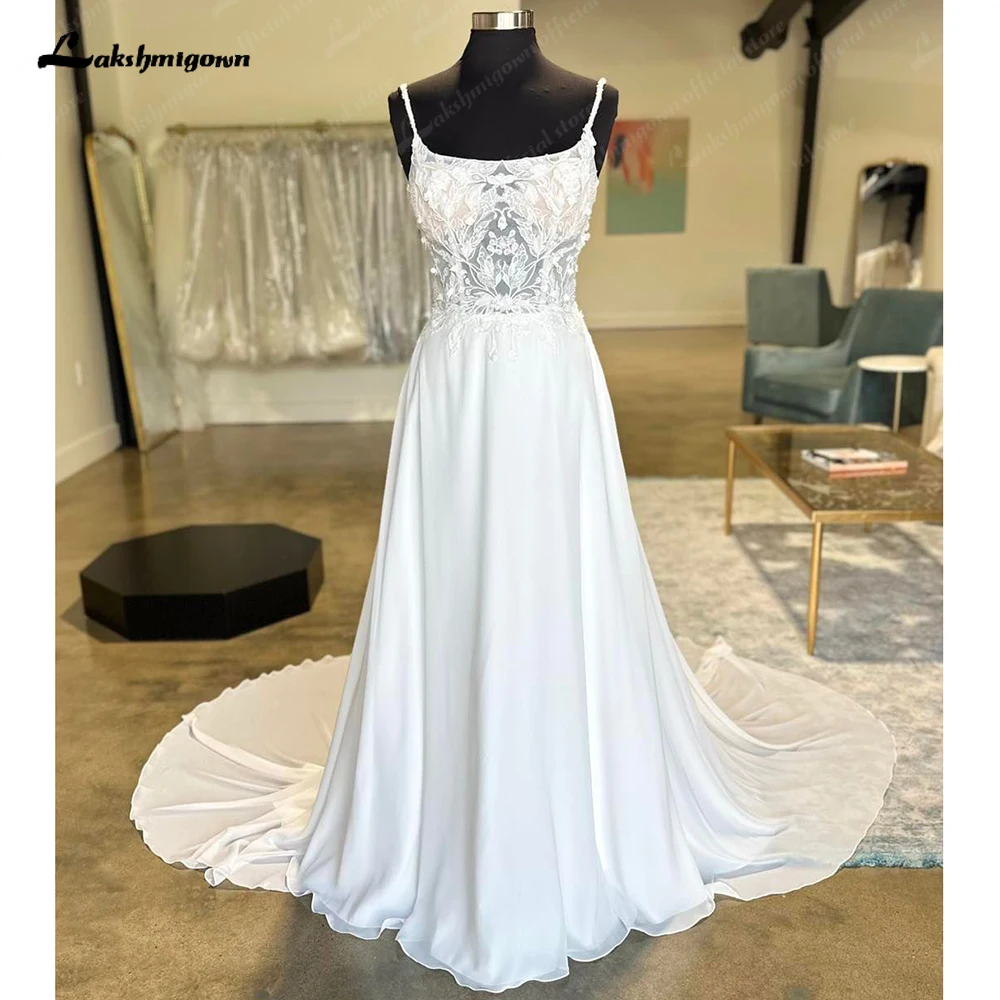 Lakshmigown Chiffon Wedding Dress For Bride Customized Vestidos Lace Appliques Elegant Women Boho Wedding Gowns Spaghetti Straps