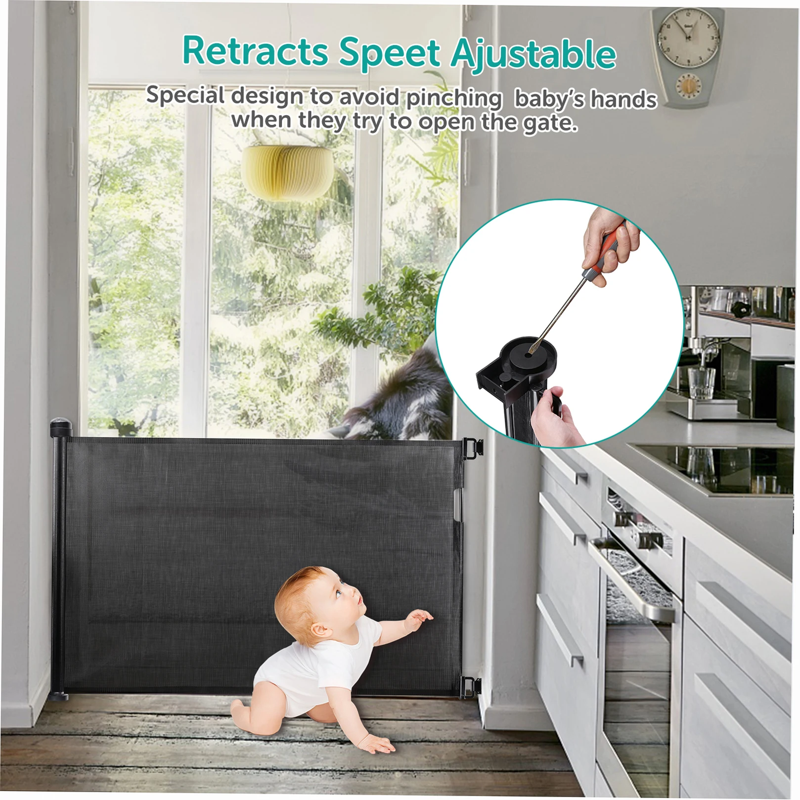 Retractable Baby Safety Gate 34 inch Tall Extends to 61 inch Wide Indoor Outdoor Baby Gate Safety Barrier Pet Dog Mesh Fence Bla