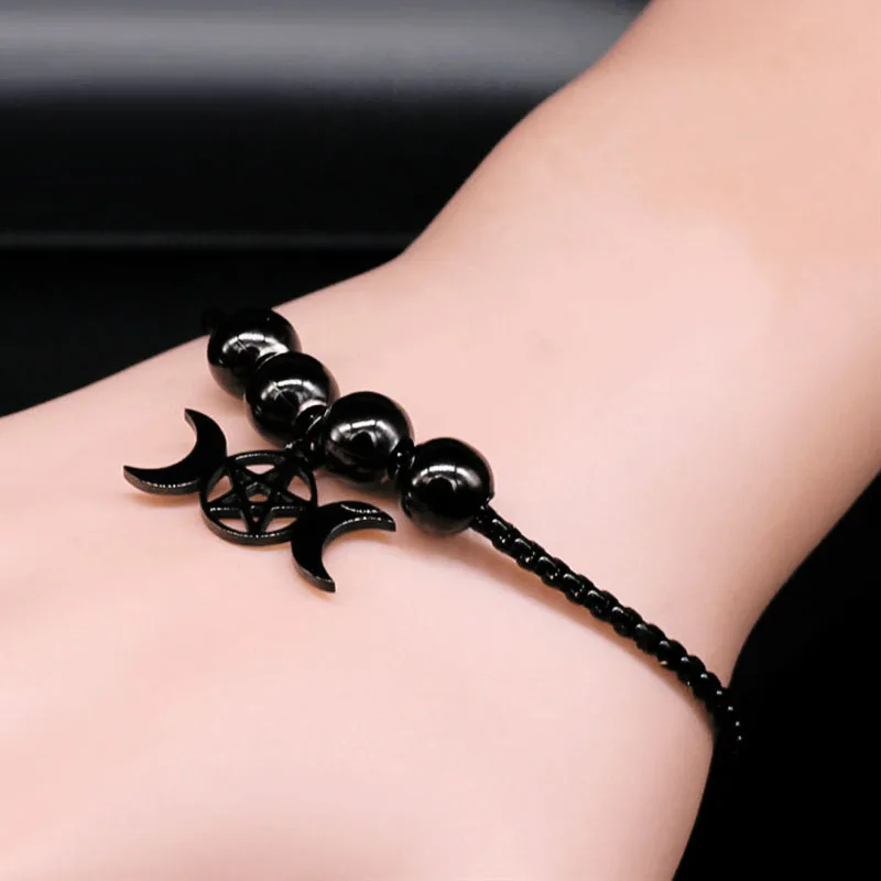 Witchcraft bracciale a catena in acciaio inossidabile donna colore nero pentagramma luna bracciale con perline gioielli pulseras mujer moda B3515S03