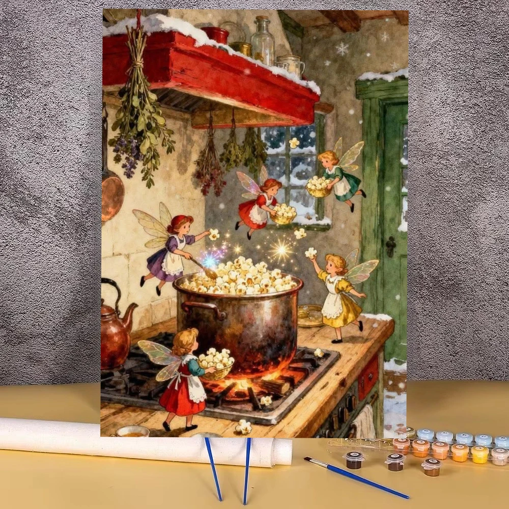 Winter Fairy Popcorn Kitchen Oil Painting By Number DIY Canvas Art Wall Decor for Game Room or Living Room Gift No Frame