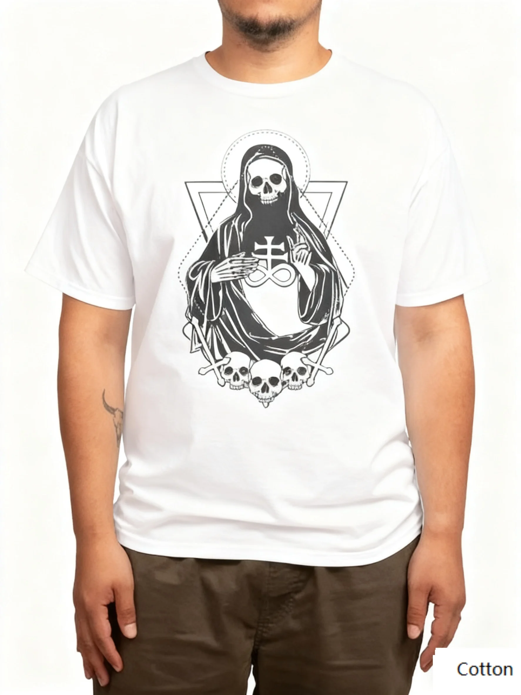 

Готическая оккультная очаровательная хлопковая футболка с круглым вырезом и привлекательным принтом скелетовой оккультной фигуры и символов