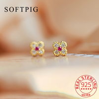 SOFTPIG Real 925 Sterling Silver Zircon Plant Mini Clover 14K Stud Earrings for Women Cute Fine Jewelry Minimalist Accessories
