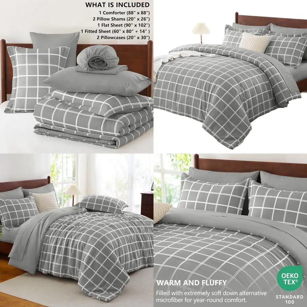 

7-Piece Grey Plaid Queen Bedding Set: Comforter, Sheets, Pillowcases, and Shams