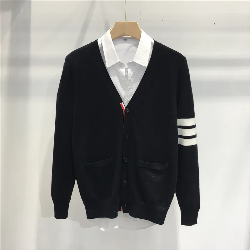 

Spring Autumn Sweater Fashion Brand Men's Sweaters Cotton Stripes 3-Bar V-Neck Casual Cardigan Preppy Korean Style Women's Coats