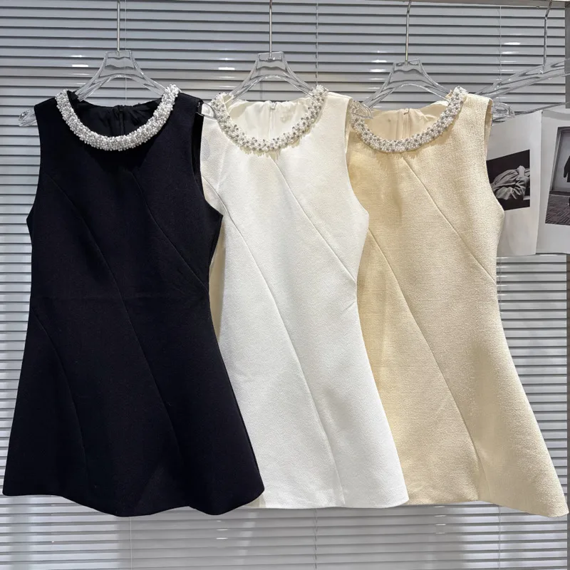 

High Quality 2026 Spring Summer New Small Fragrance Tweed Party Dresses For Women French Luxury Beaded Slim Dress Robes Femmes