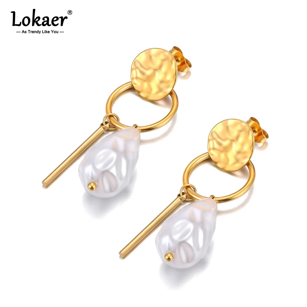 Lokaer Trendy Unregelmäßige Perlen Geometrische Baumeln Ohrringe Edelstahl 18K Gold Überzogene Handgemachte Täglichen Schmuck für Frauen E24221
