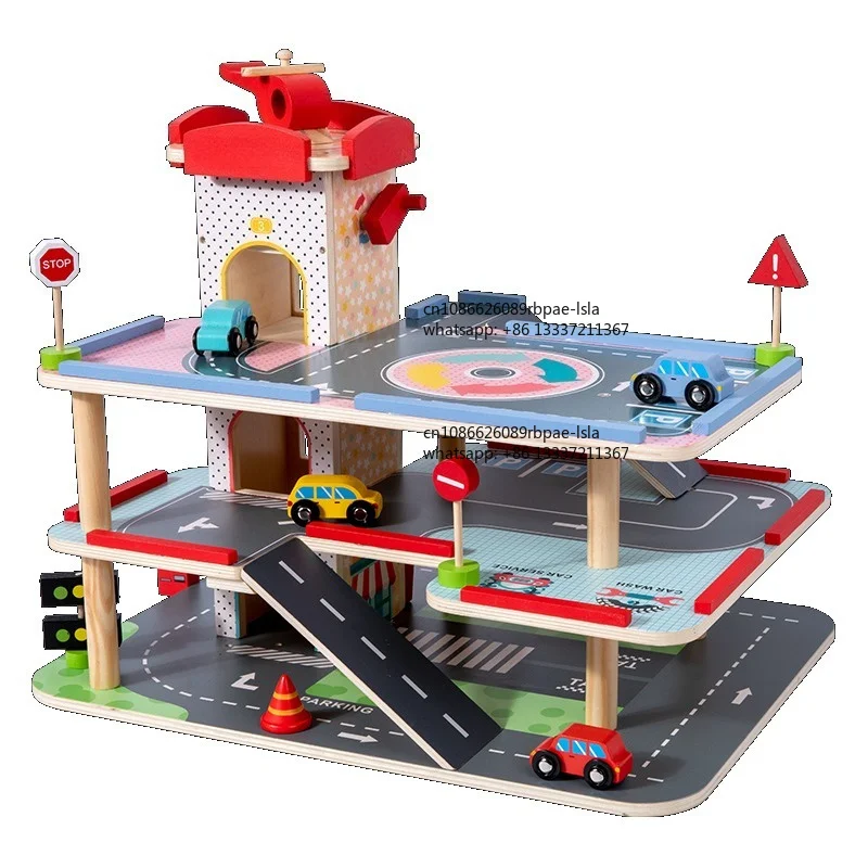 Wooden Multilevel Garage Parking Lot Child Play Set Kids Early Educational Role Play Toy Wooden Car Parking Game Toy for  Gift