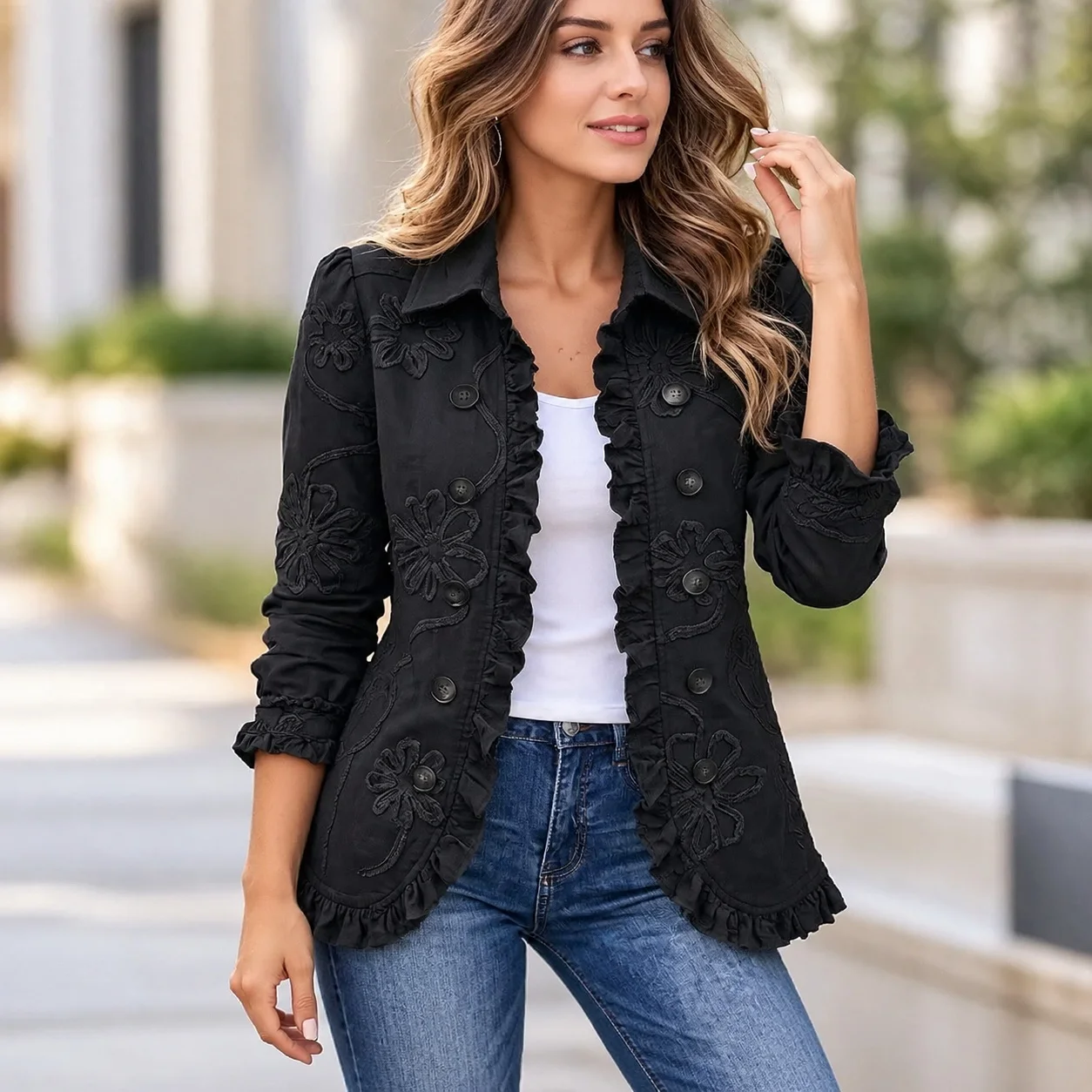 Printed Turn Down Collar Coat Regular Length Fresh Sweet Slim Fit Women Jacket with Long Sleeve Button Detail for Autumn