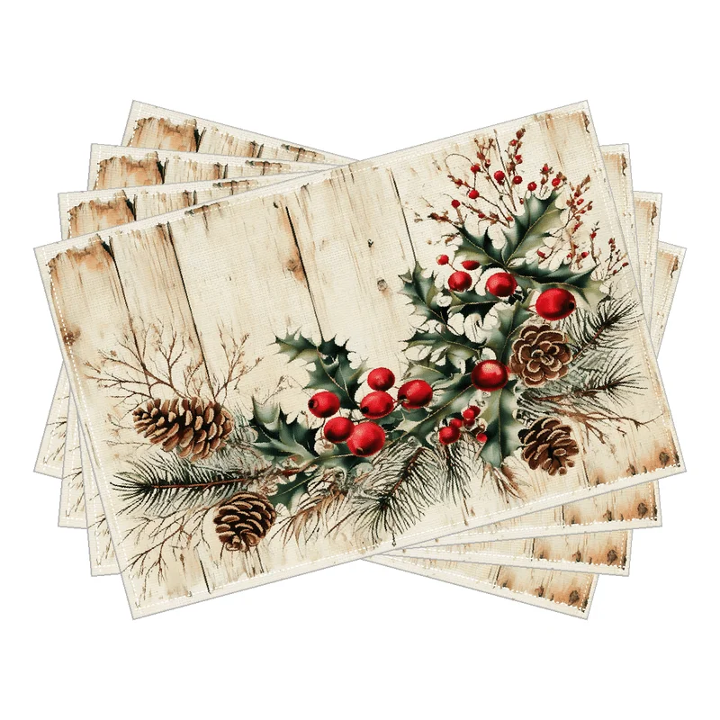 Festive Winter Linen Placemat Christmas Themed Printed Table Mat Heat Resistant Dining Pad for Home Kitchen Xmas New Year Party
