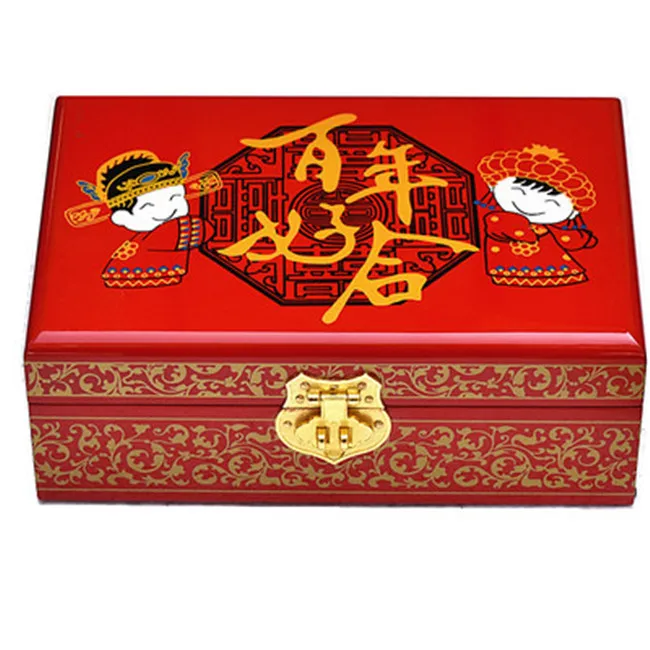 Chinese Retro Handwork Lock Wood Box 2 Layer Wedding Bride Painting Jewelry Box with Mirror Gorgeous Display Boxes Storage Case