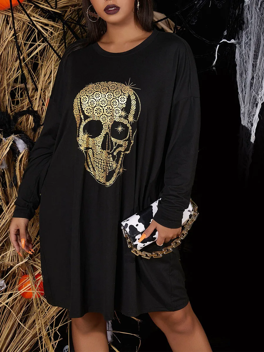 

Halloween Skull Bone Solid Color Print Plus Size Women's Top T-Shirt