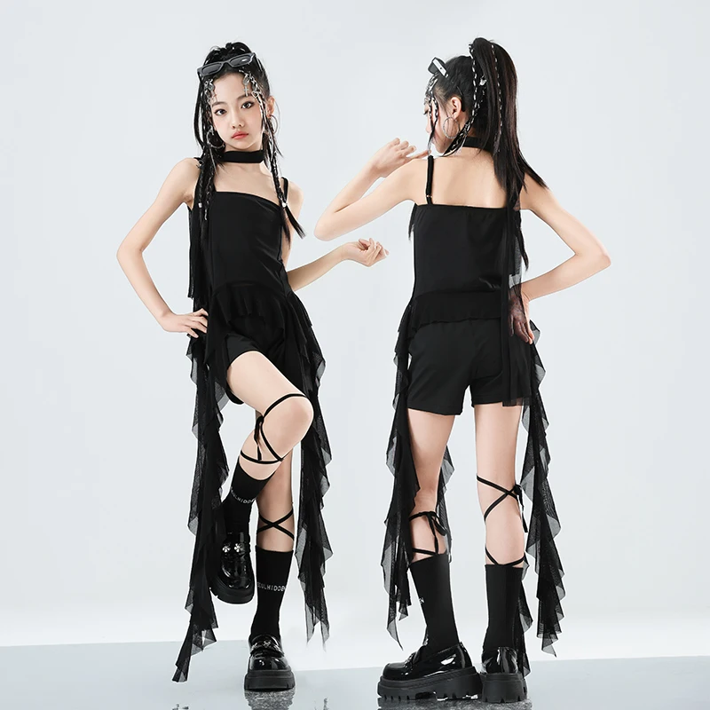 소녀 k-pop 불규칙한 자르기 탑 스트리트 댄스 카고 바지 소녀 그룹 의류 세트 키즈 재즈 귀여운 의상 어린이 힙합 streetwear