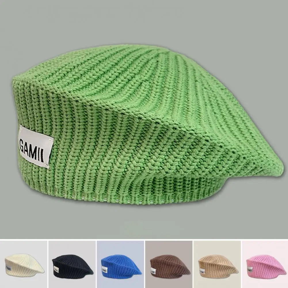 Women Knitted Beret Autumn Winter Hat Beanie Stripe Texture Knitting Elastic Decorative Artist Beret Women Headdress