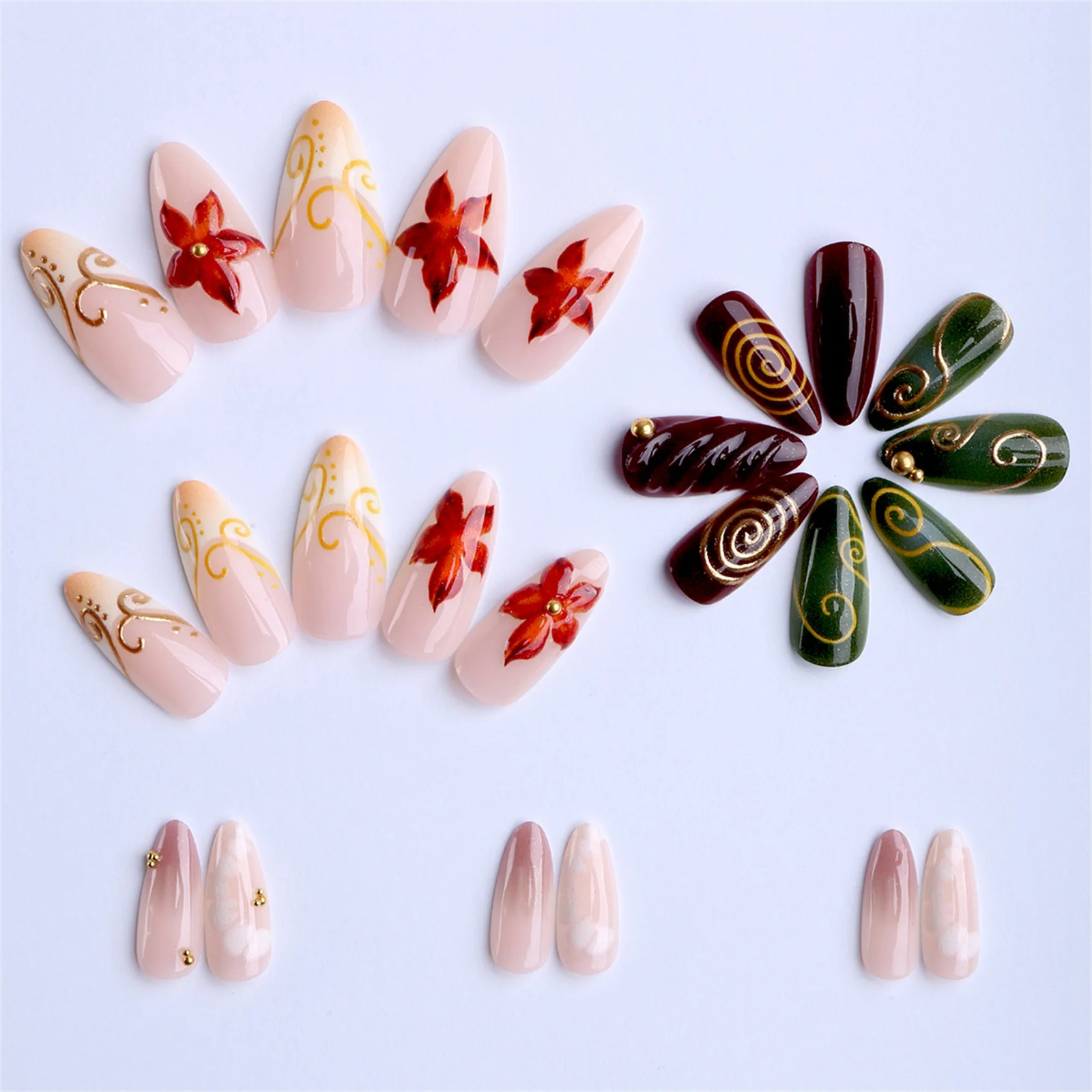 Wedding Party Press On Nails 3D Maple Leaf Design Almond Shape Fake Nails Metallic Gold Gel Tips for Bridal Ceremony Event
