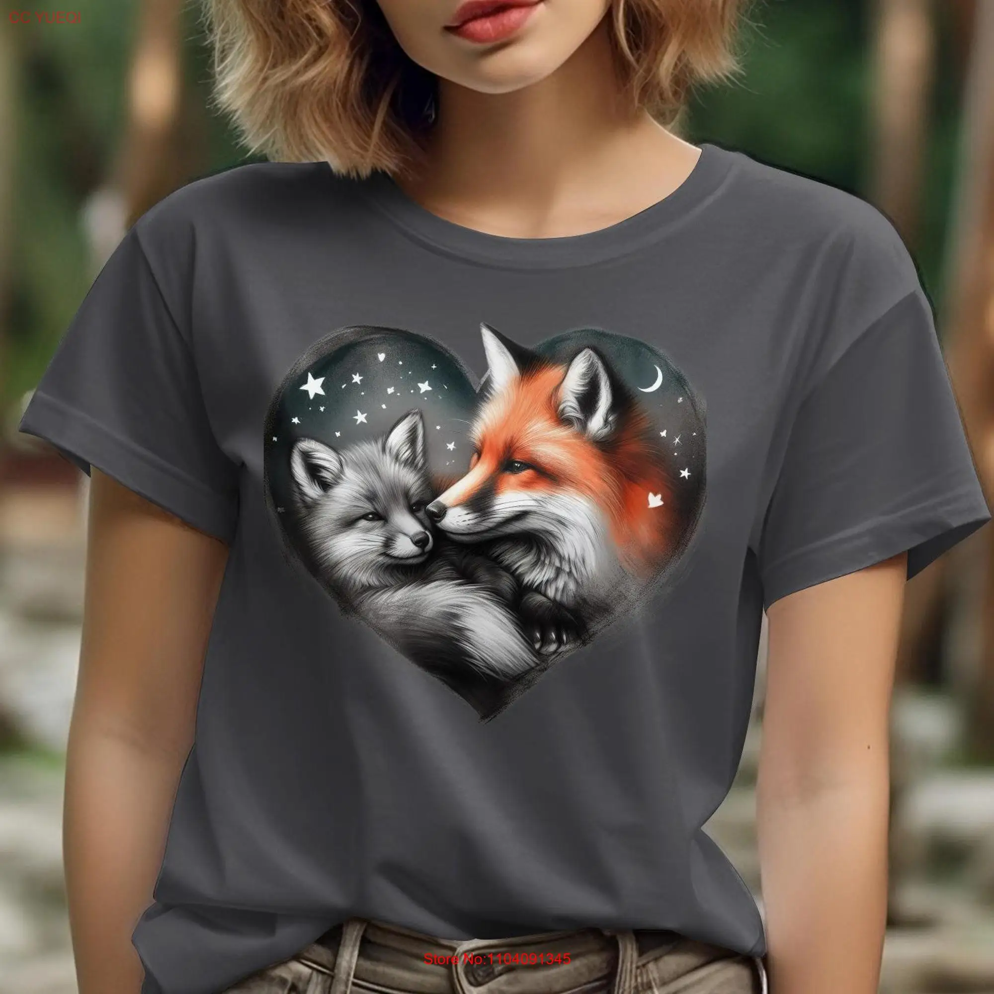 Women's Fox and Cub Heart T Shirt Cute Family Animal Love Soft Cotton long or short sleeves