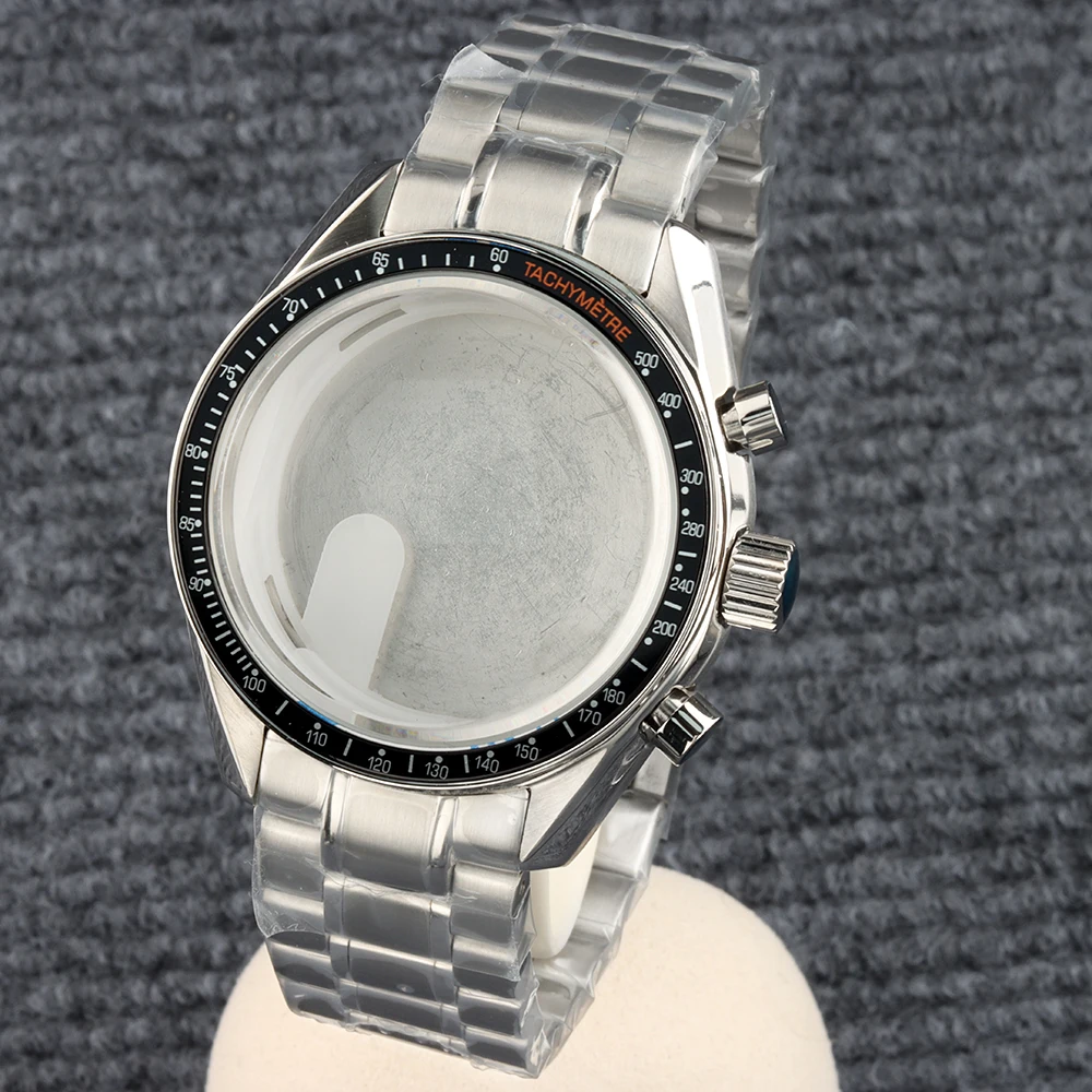 40mm VK63 Silver Case Moon Pattern Back Fit Chronograph Men's Watch Case For VK63 VK64 Quartz Movement Stainless Steel Bracelet