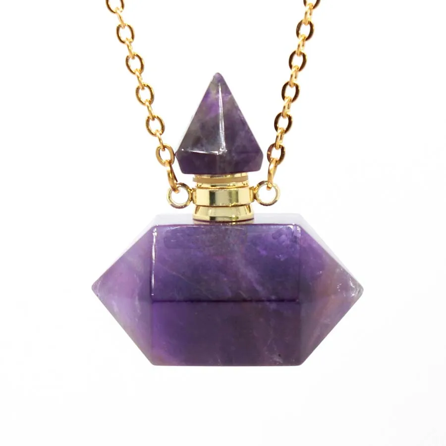 Colgante de Piedra Difusora de Perfume Hexagonal de Cristal Natural Curativo para Mujer, con Amatista y Cuarzo Rosa, Joyería para Hombre