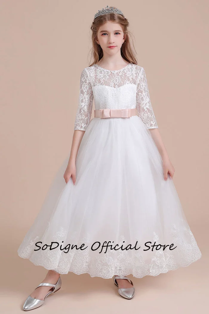 SoDigne A-line Tulle/Lace Flower Girl Dress O-neck Half Sleeves Appliques Skirt Girls Party Dresses Customized Long Kid Gown