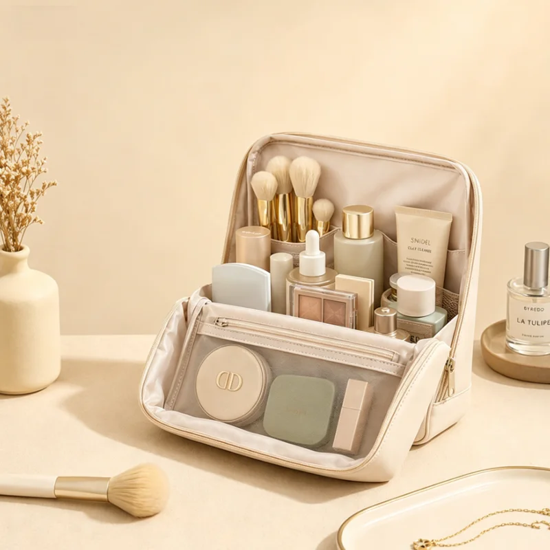 Large Capacity Travel Makeup Bag, Multi-compartment Cosmetic Organizer with Handle