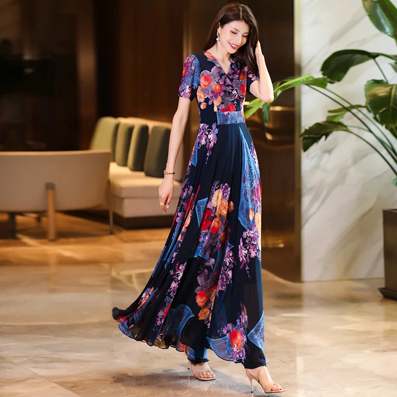 Boho Summer Chiffon Beach Maxi Dress Women Elegant V-neck Short Sleeve Flower Print Dance Evening Party Long Dress 2025 New