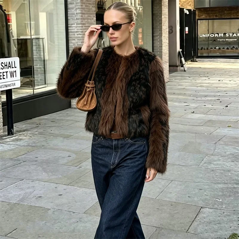 Guobioziy Women's Jacket 2026 Autumn Winter New Faux Fur Round Neck Short Coat Fashion Trendy Spliced Outerwear