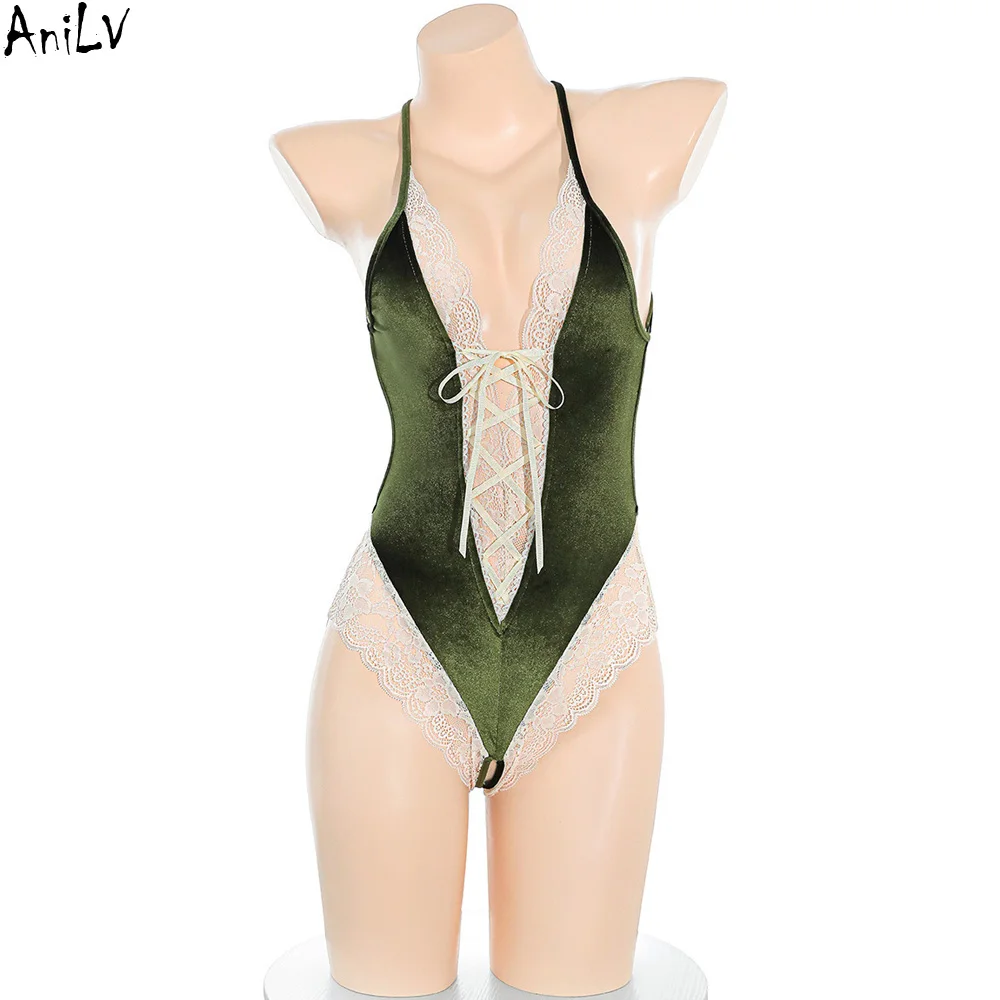 

AniLV Рождественская тематическая сексуальное женское белье с глубоким v-образным вырезом, кружевное зеленое бархатное боди, пижамы, эротические костюмы, косплей