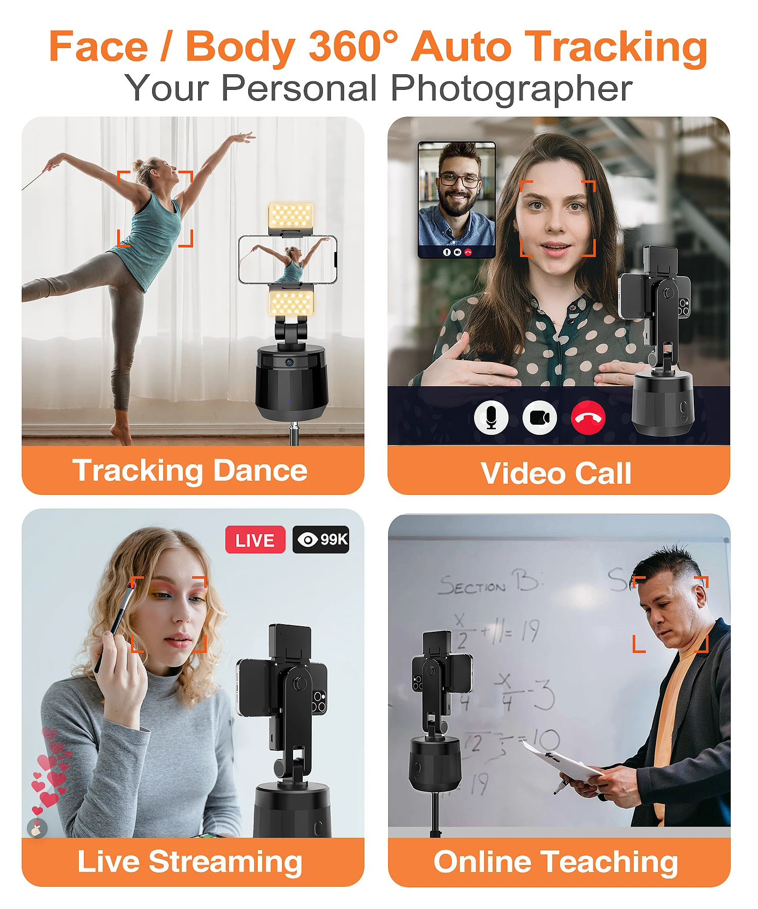 NULIER 360° Rotation AI Auto Tracking Stabilizer Smart Phone Holder Virtual Cameraman No APP WIFI Required with Tripod Stands