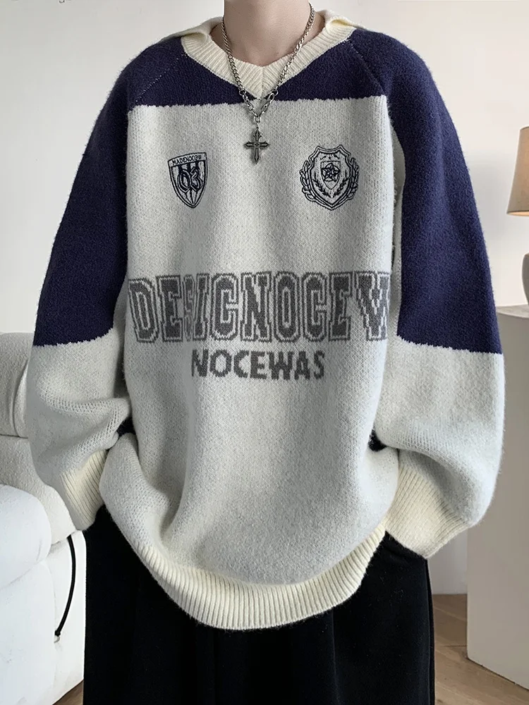 

Мужской свитер с V-образным вырезом в американском ретро-стиле с принтом Bae, осенне-зимний, новый, вязаный, спортивный, шерстяной, в стиле оверсайз