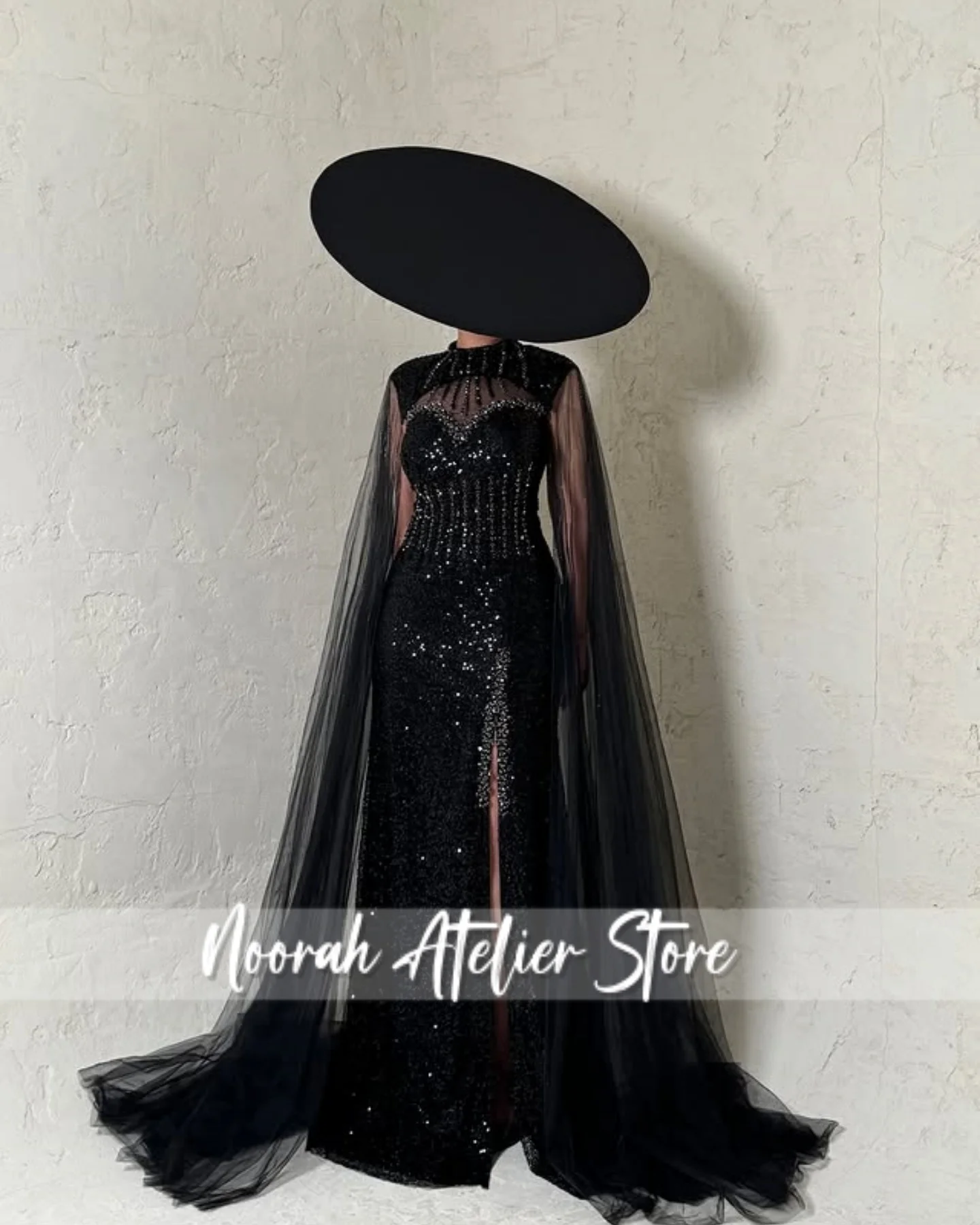 فساتين سهرة فاخرة باللون الأسود اللامع H N 2025 تول بأكمام طويلة للنساء في دبي فستان المشاهير فستان حفلات مخصص